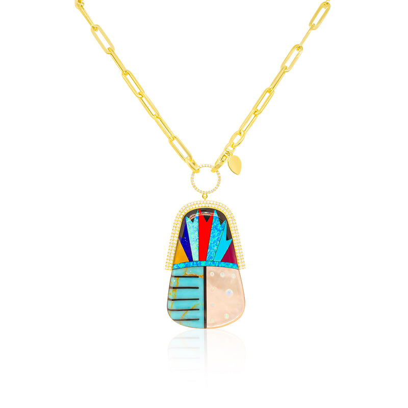 Mosaic Yellow Gold and Diamond Pattern work Turquoise Necklace
