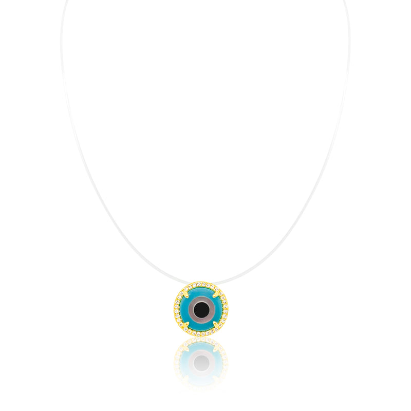 Yellow Gold Clear String Diamond Bezel Turquoise Eye Necklace