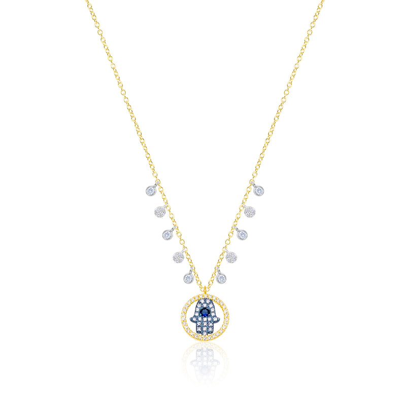 14kt Yellow Gold Blue Sapphire Hamsa Diamond Necklace