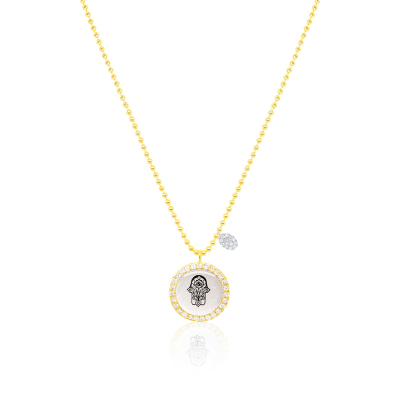 Yellow Gold Hamsa Lithograph Diamond and Silver Necklace