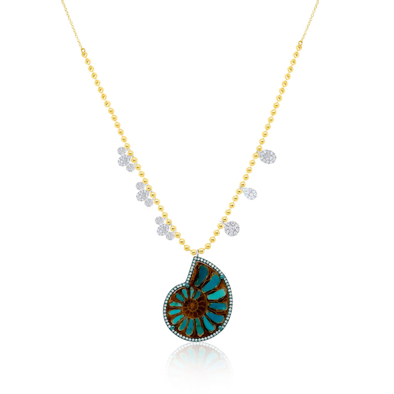 14k Yellow Gold Ammonite Stone Seashell Pendent Diamond Charms Beaded Chain Neckalce