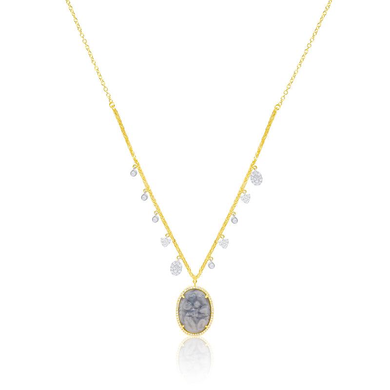 14kt Yellow Gold Diamond Chalcedony Carved with a Flower Surrounded by Diamonds