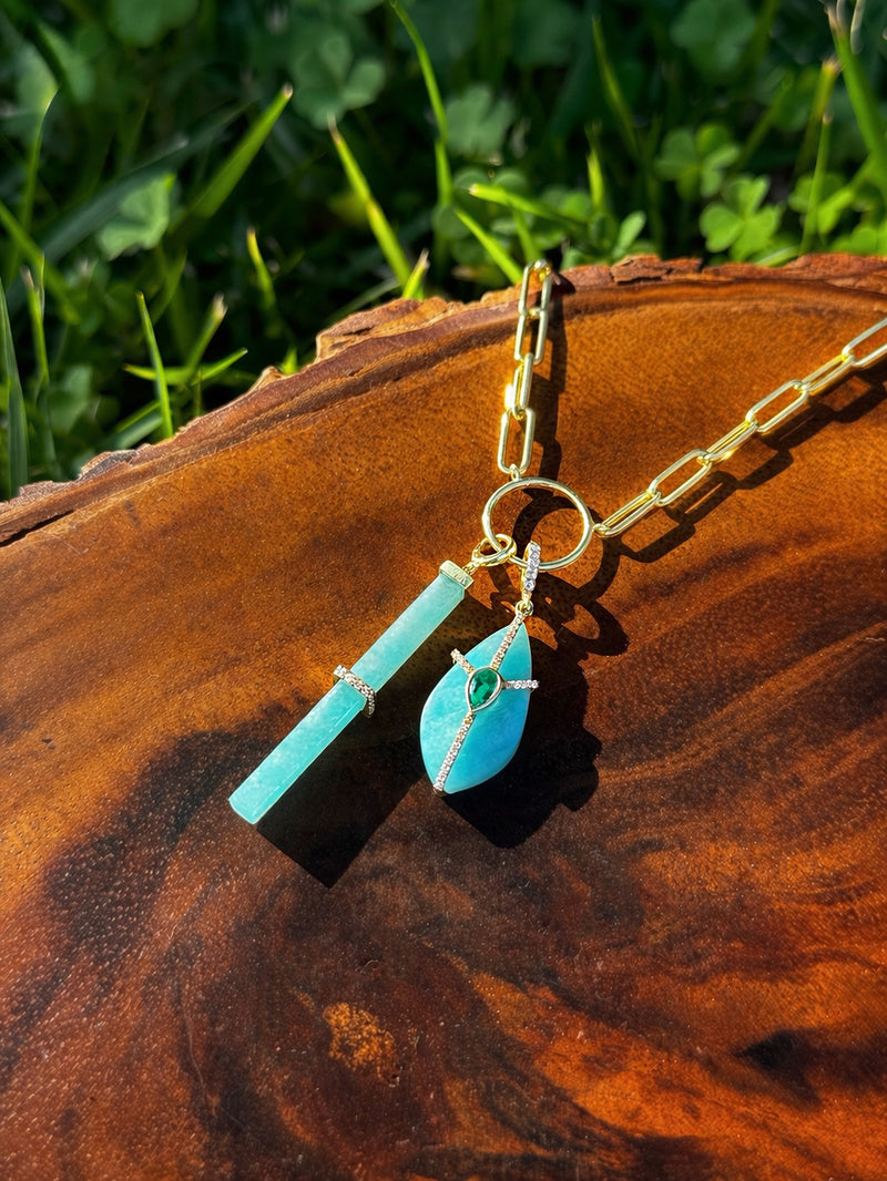 14kt Yellow Gold Amazonite with Emerald and Diamond Charm Necklace ...