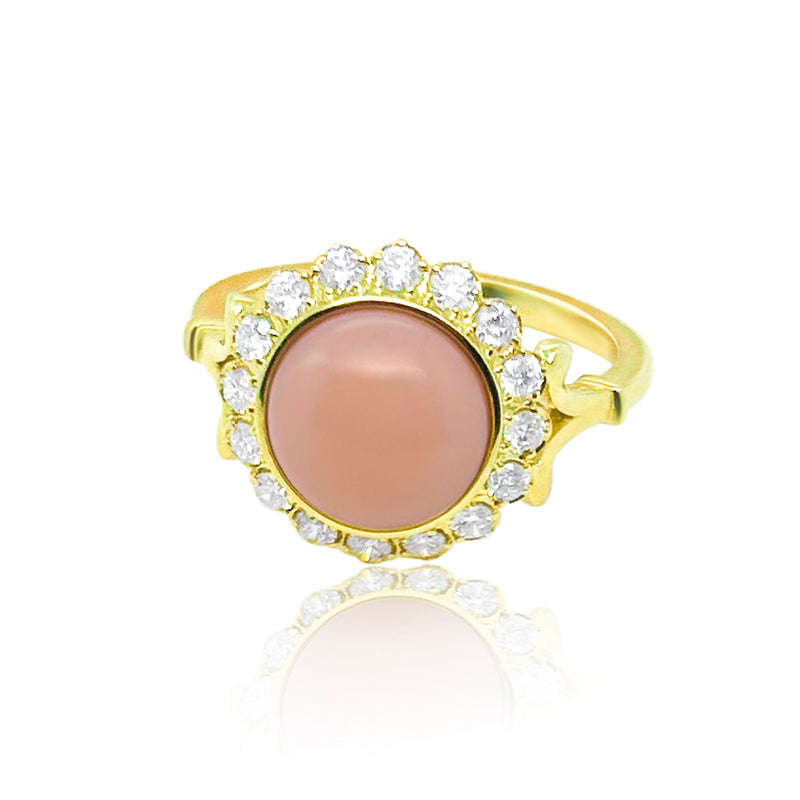 Yellow Gold Pink Opal and Diamond Ring