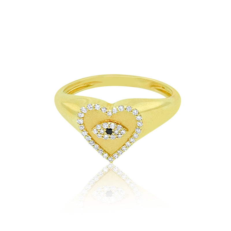 Yellow Gold Diamond Evil Eye and Heart Signet Ring
