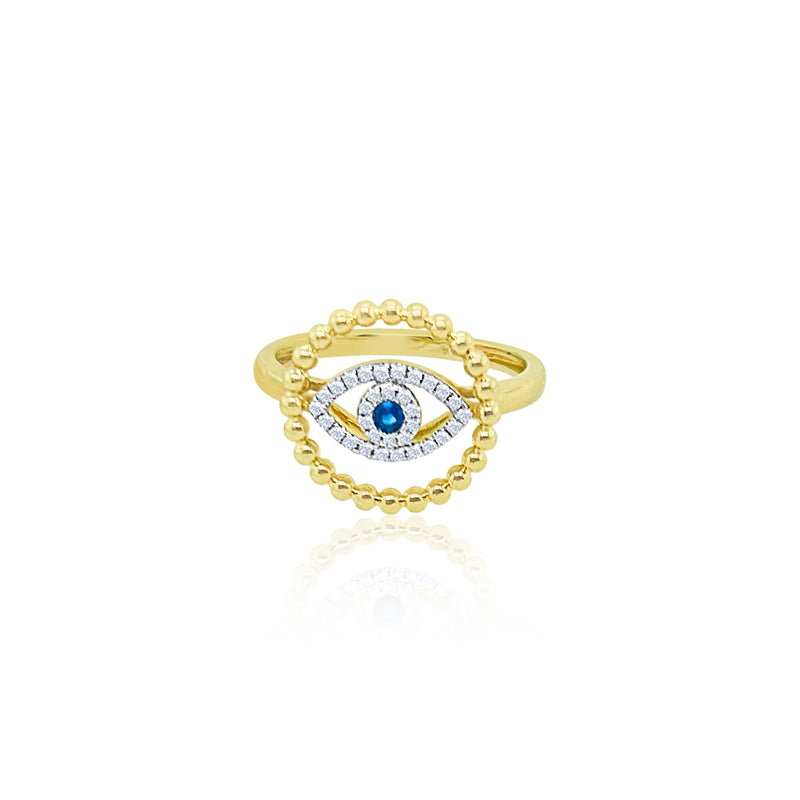 Yellow Gold Bead and Diamond Evil Eye Ring