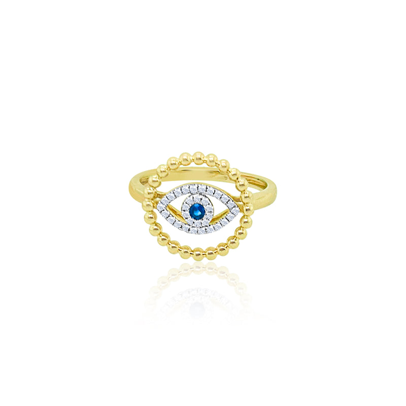 Yellow Gold Bead and Diamond Evil Eye Ring