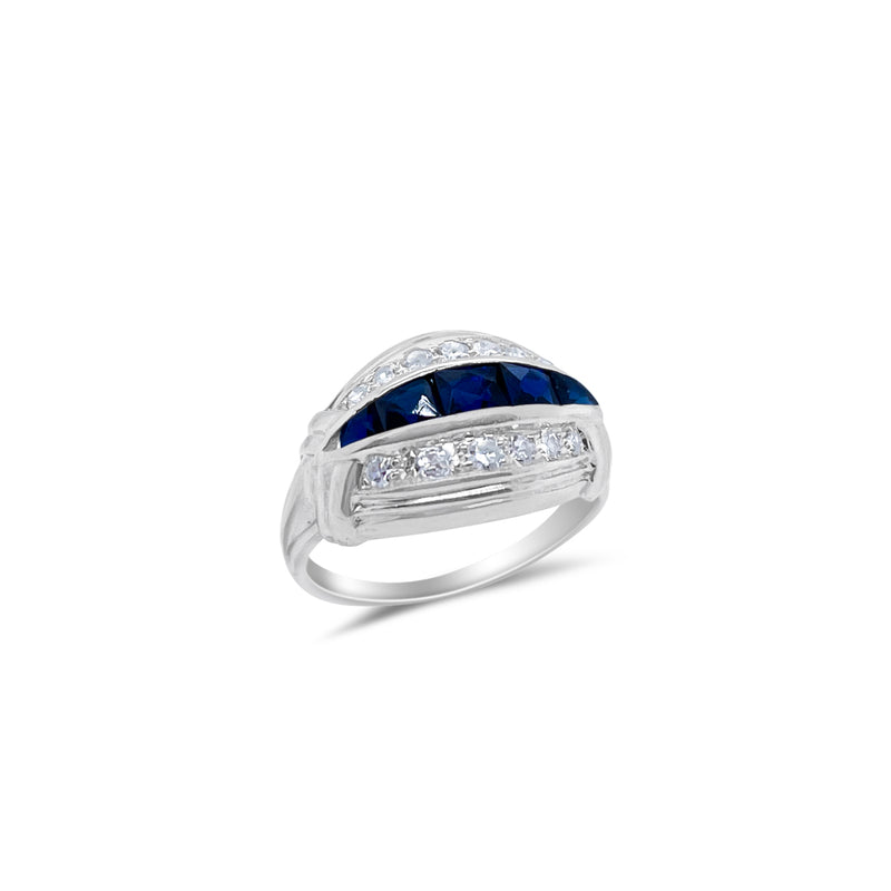 14k White Gold Vintage Sapphire and Diamond Ring- Size 5.5