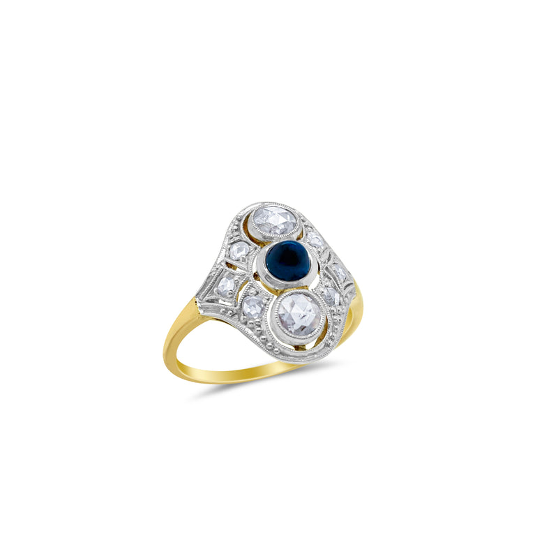 Edwardian Cabochon Sapphire Ring with Rose Cut Diamonds- Size 9.5