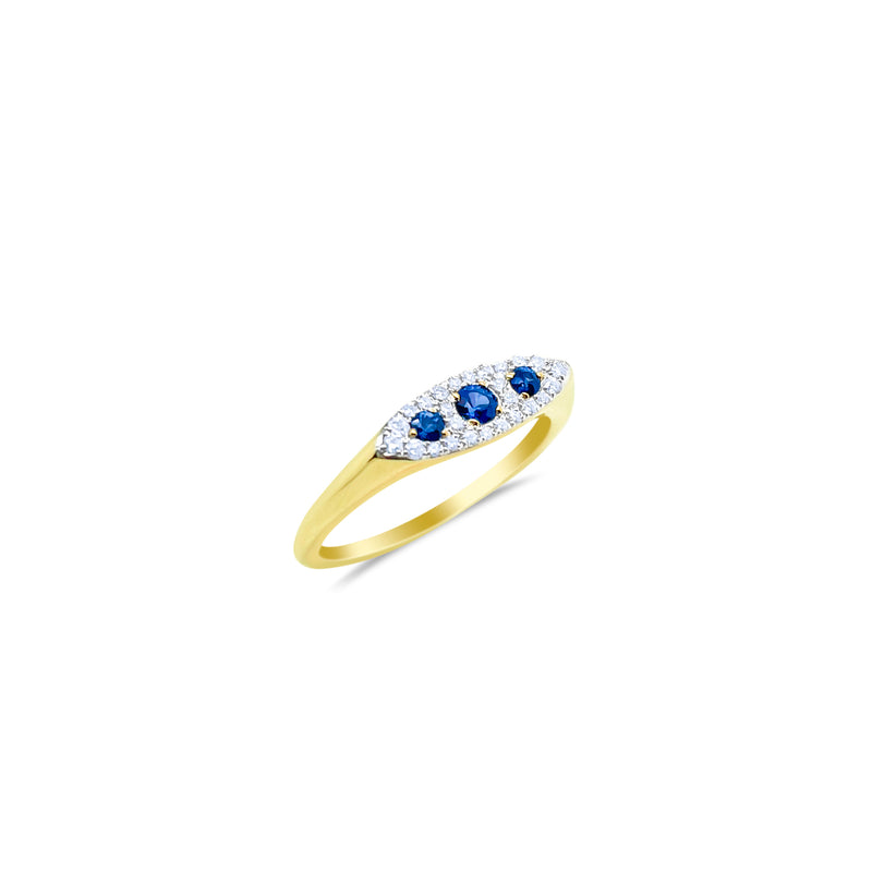 14kt Yellow Gold Diamond 3 Stone Blue Sapphire and Pave Diamond Ring