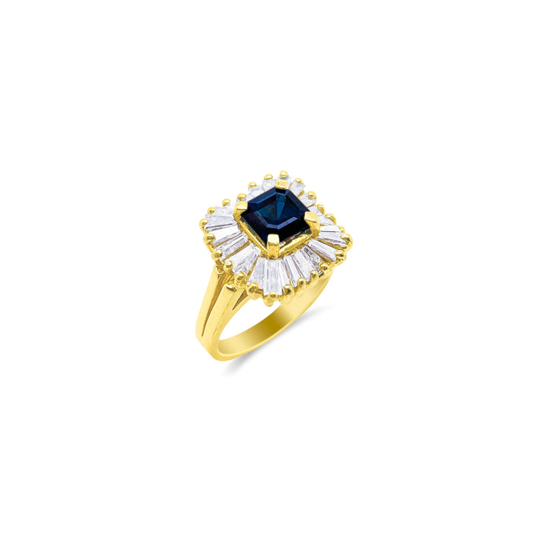 Yellow Gold Diamond Baguette and Sapphire Ballerina Style Ring