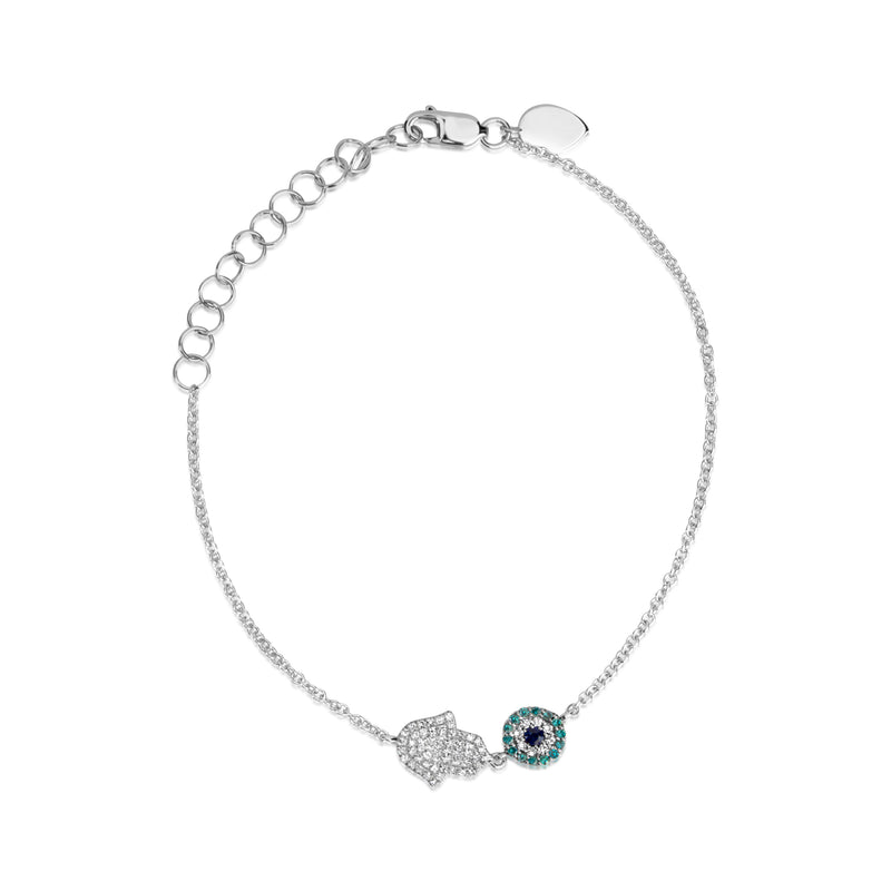 White Gold Hamsa and Evil Eye Bracelet