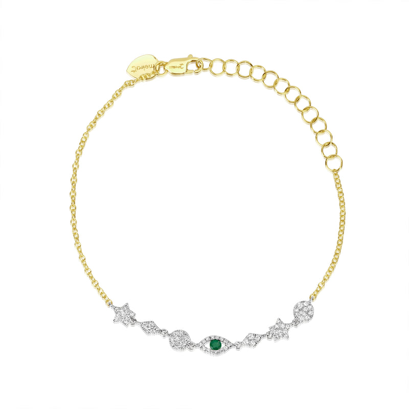 Yellow Gold Diamond Charm and Emerald Evil Eye Bracelet