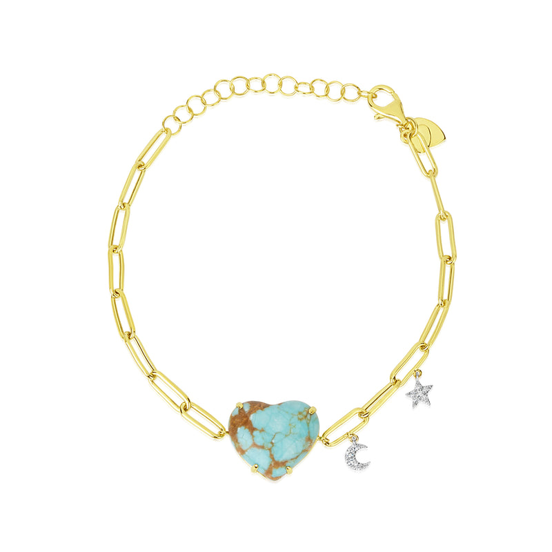 Paperclip Chain Turquoise Heart and Diamond Charm Bracelet