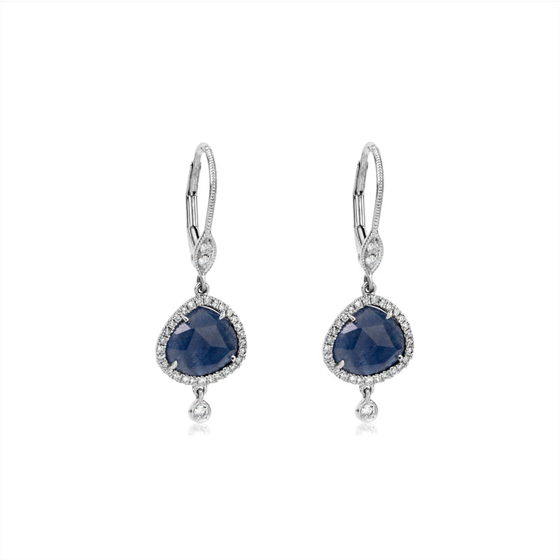 Blue Sapphire Drop Earrings with Bezel Set Diamond