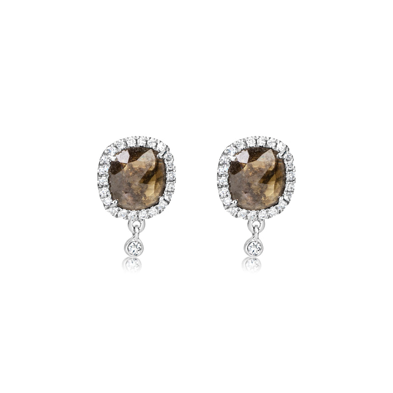 White Gold Rough Diamond Studs with Diamond Halo and Drop Bezel Diamonds