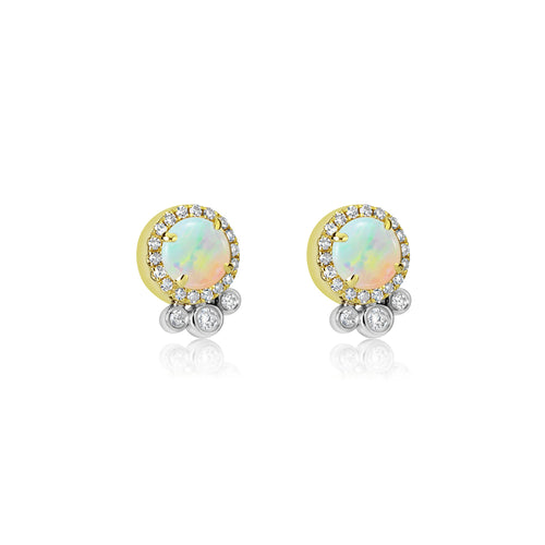 yellow gold diamond studs with centered white opal and diamond bezels 