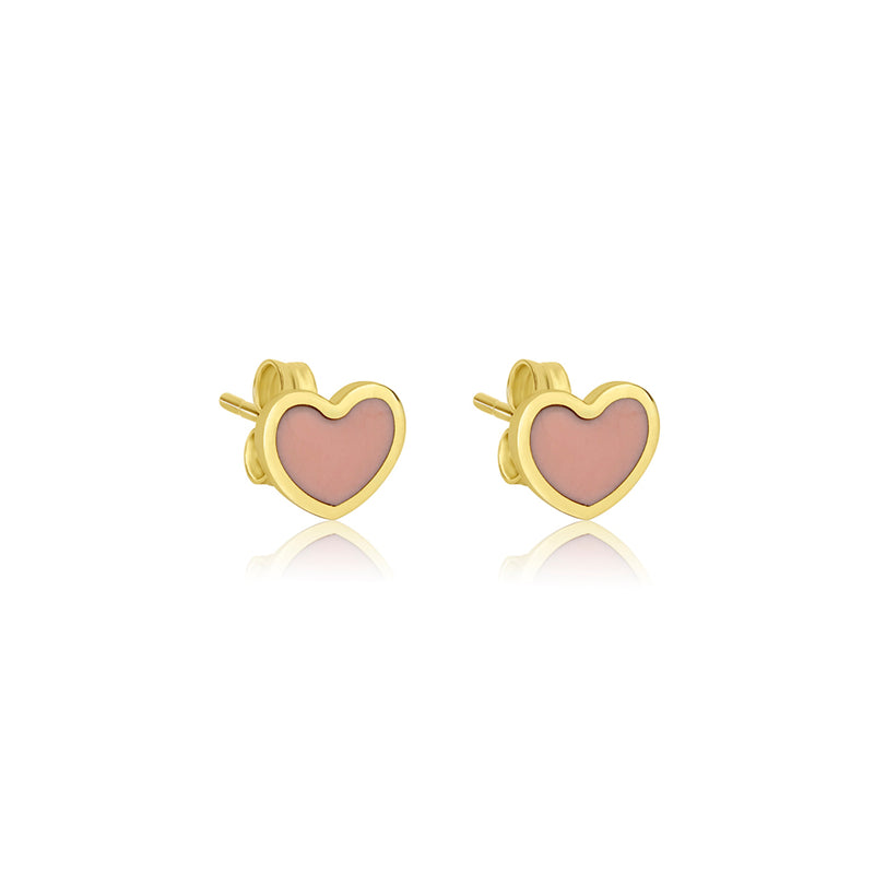 Pink Heart Studs in Yellow Gold