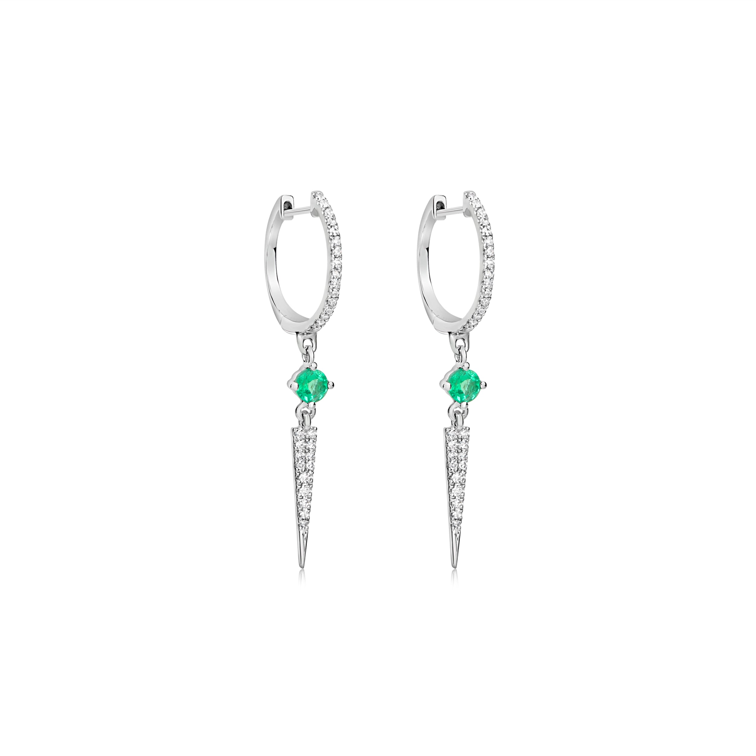 white gold diamond and emerald huggies with drop diamond spike