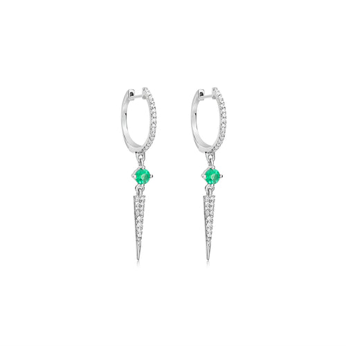 white gold diamond and emerald huggies with drop diamond spike