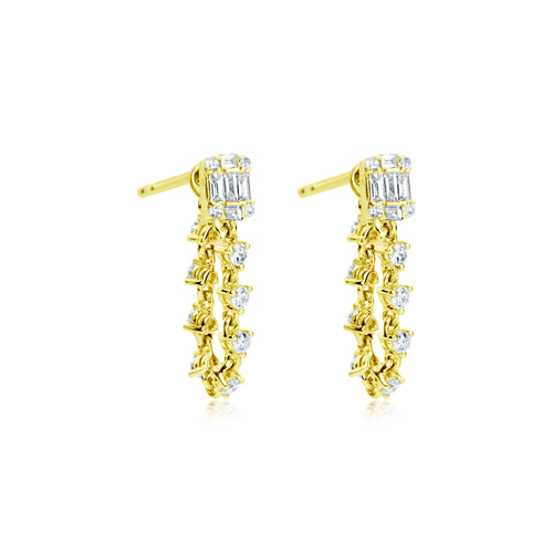 Yellow gold emerald illusion drop earrings with diamond chain