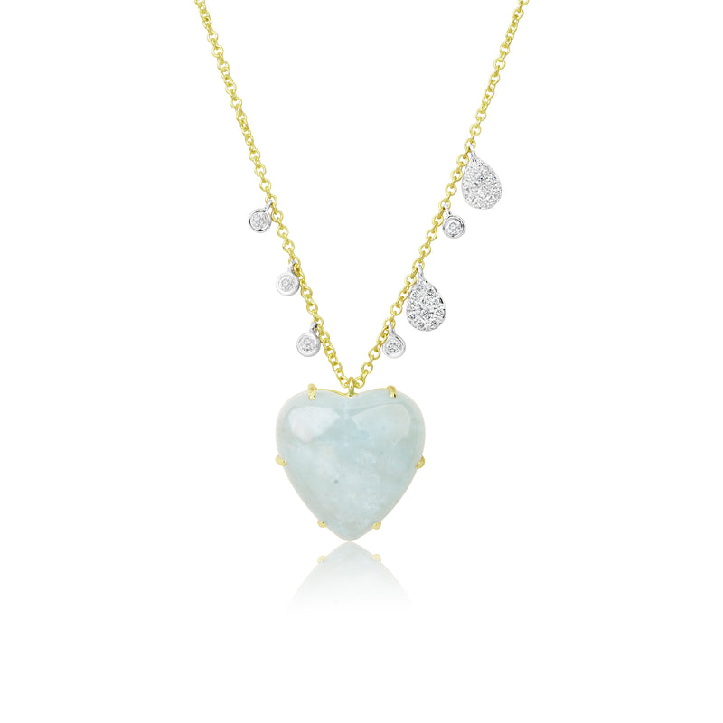 Milky Aqua Heart and Diamond Necklace