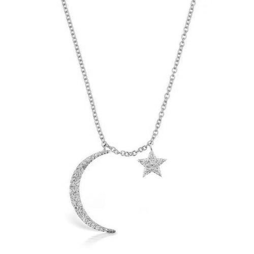 Yellow Gold Crescent Moon and Star Necklace 