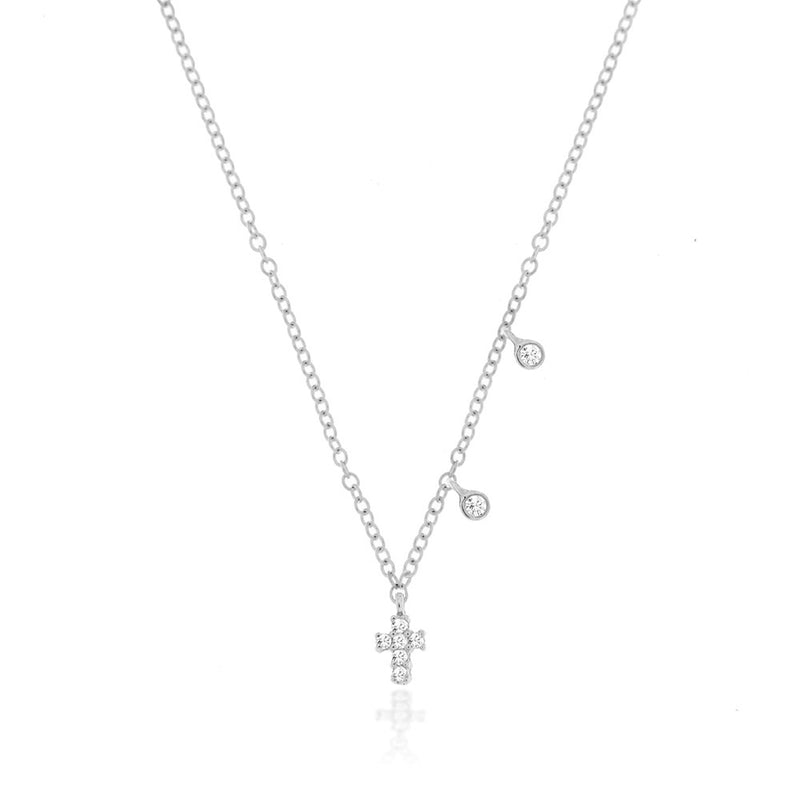White Gold Dainty Cross and Bezel Diamond Necklace