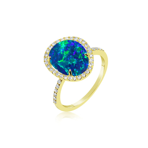 yellow gold and Opal Diamond Halo Ring