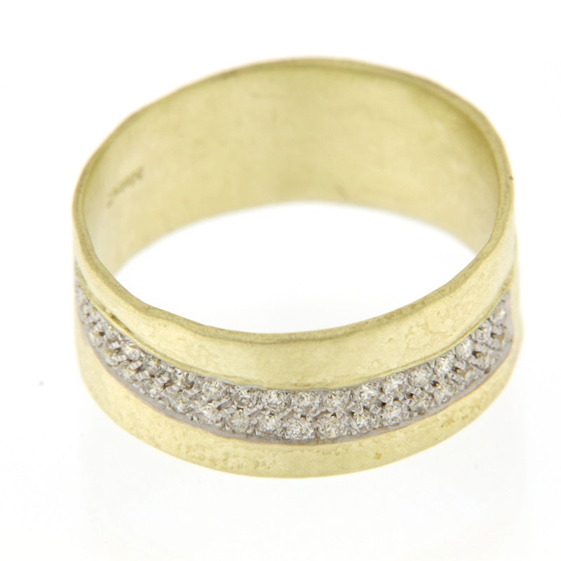 Yellow Gold Textured Ring with Diamond Pave Stripe
