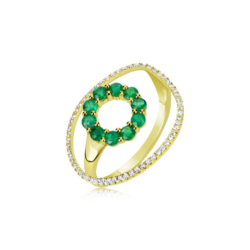 Yellow Gold Circle Emerald and Diamond Ring