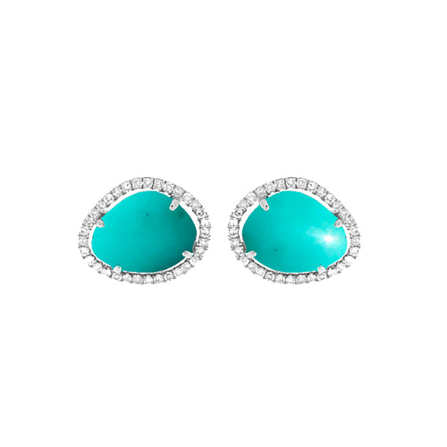 white gold and diamond stud with centered turquoise stone 