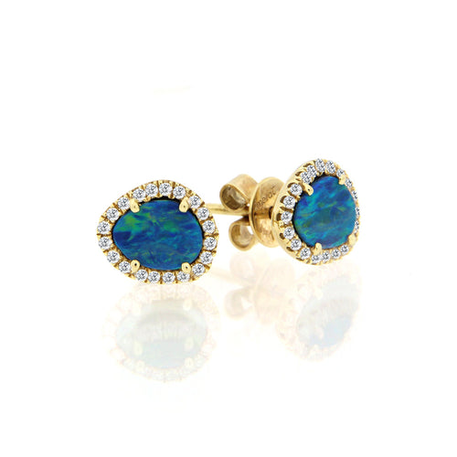 yellow gold and diamond studs with centered opal stone