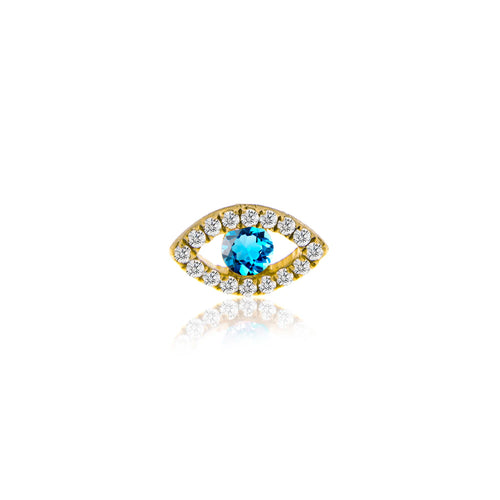 yellow gold and diamond evil eye stud with centered blue topaz
