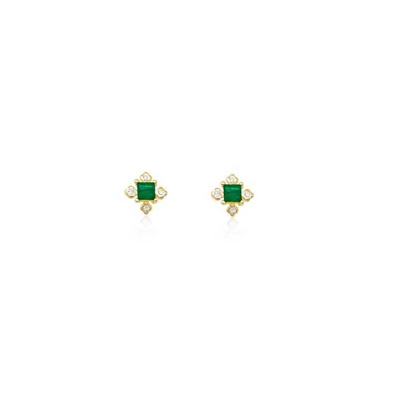 yellow gold and diamond studs with centered green emerald
