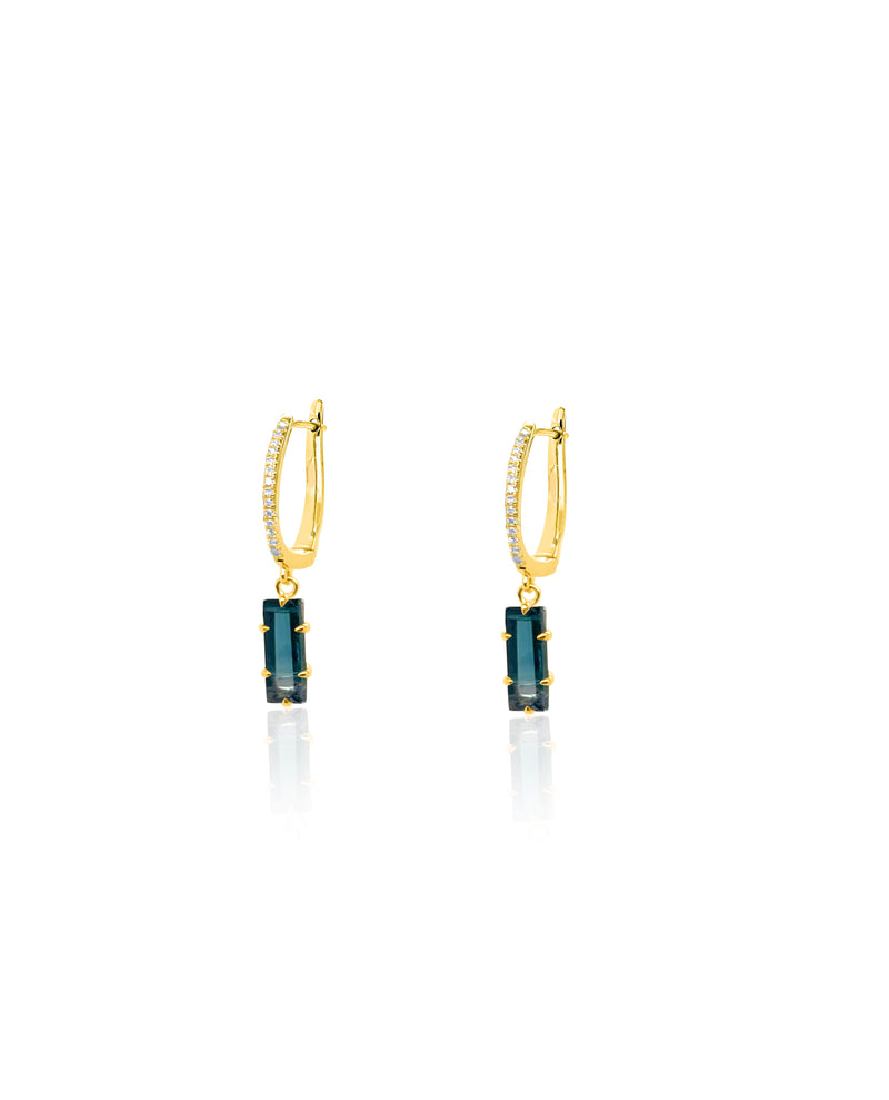 Yellow Gold and Diamond Hanging Earrings Blue Tourmaline