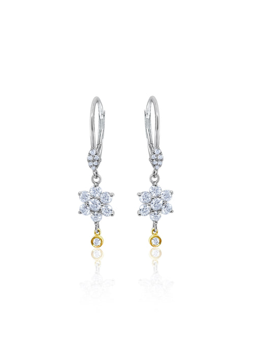 two tone yellow gold and diamond flower drop earrings