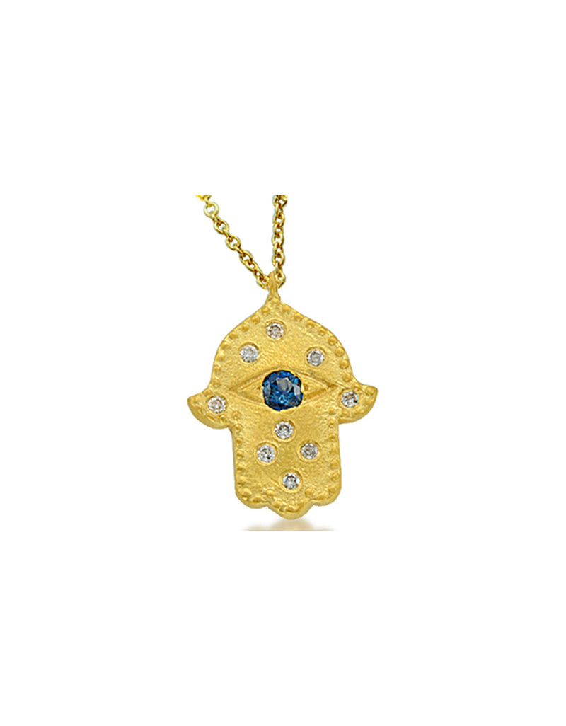 Yellow Gold Diamond and Sapphire Hamsa Necklace
