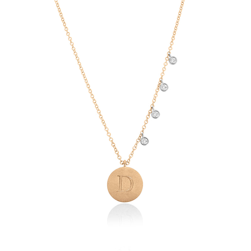 Engraved Initial Disc Necklace with Diamond Bezels