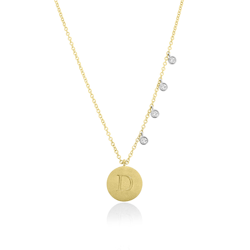 Engraved Initial Disc Necklace with Diamond Bezels