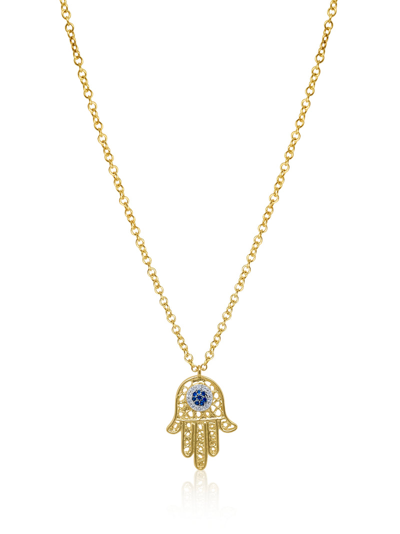 Yellow Gold Hamsa Sapphire Necklace