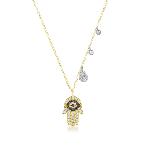 Hamsa & Evil Gold Necklace With Diamond Accent Charms