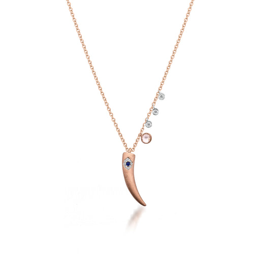 rose gold evil eye horn with blue sapphire and diamonds & side charms