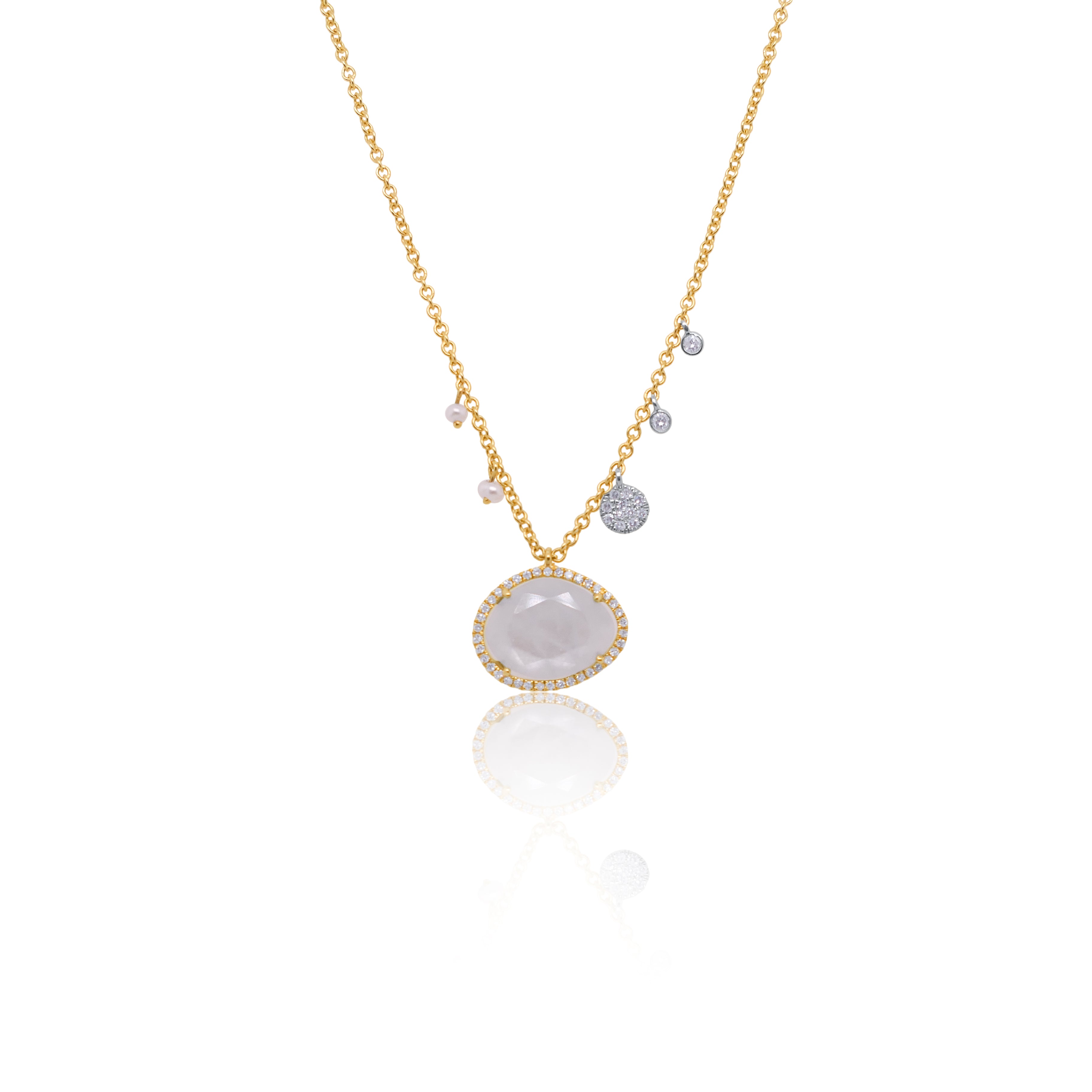 Milky Aqua with Off-Centered Pearls & Diamond Charms