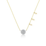 yellow gold necklace with diamond disk and off-centered pearls