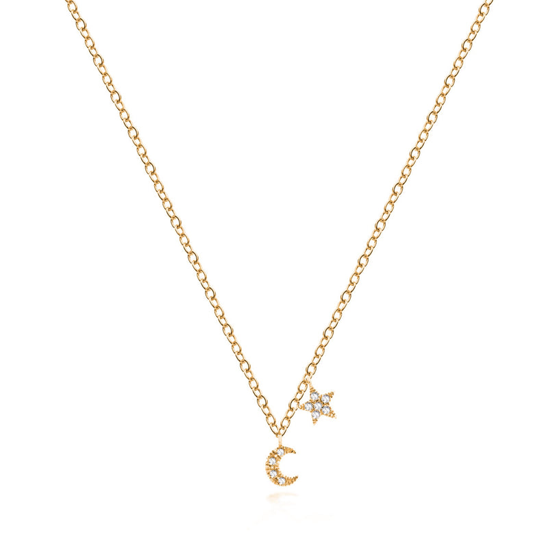 Yellow Gold Mini Moon and Star Necklace