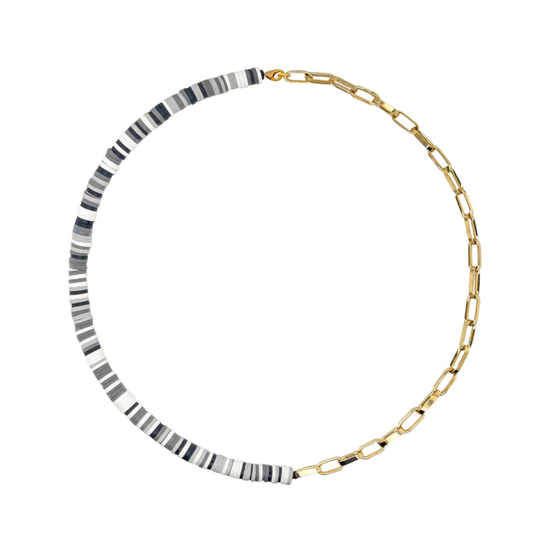 Half and Half Vinyl Black and White Bead and Gold Plated Paperclip Chain Necklace- ALL NEW BOUTIQUE EXCLUSIVE
