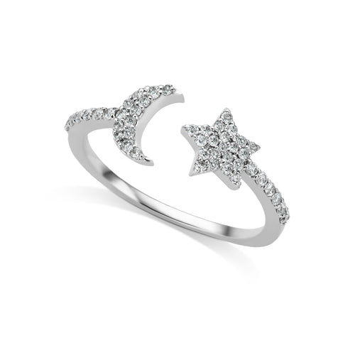 white gold and diamond moon and star ring