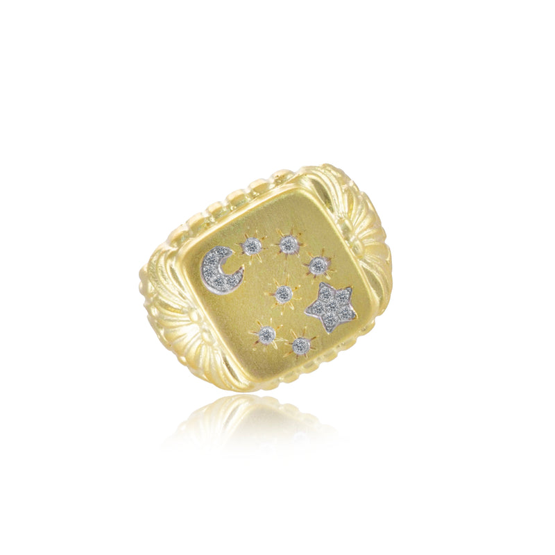 Moon and Star Diamond Yellow Gold Ring One of A Kind