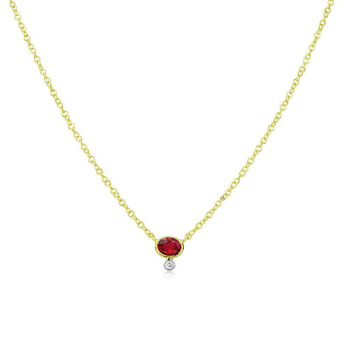 yellow gold necklace with centered ruby stone and diamond bezel
